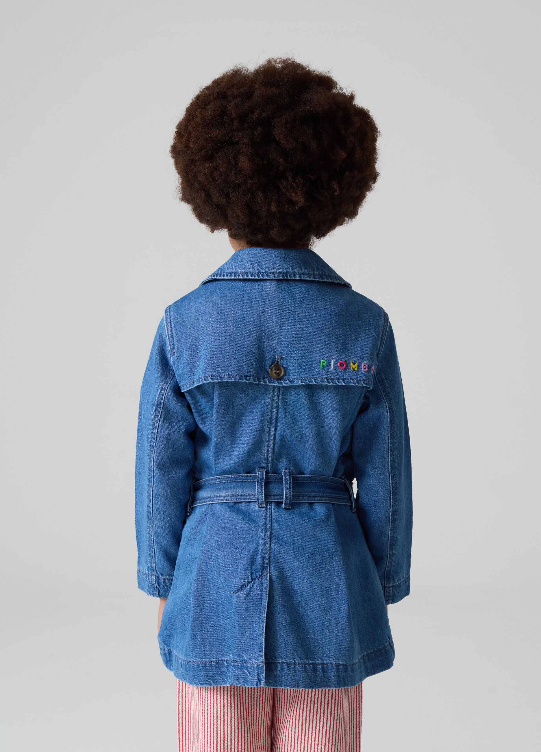 Denim trench coat with logo embroidery