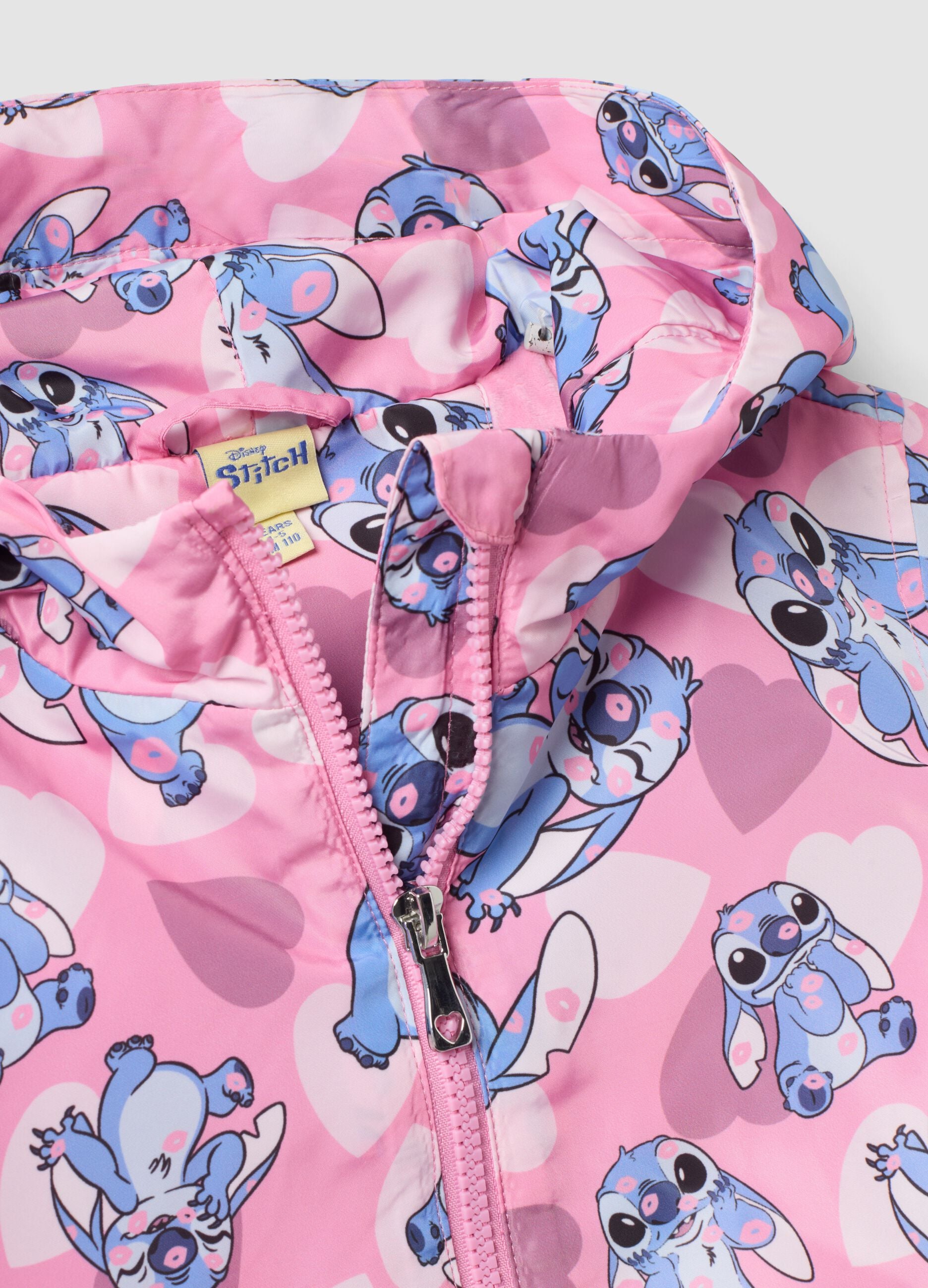 Pink padded rain jacket with hood, zip and Lilo & Stitch print