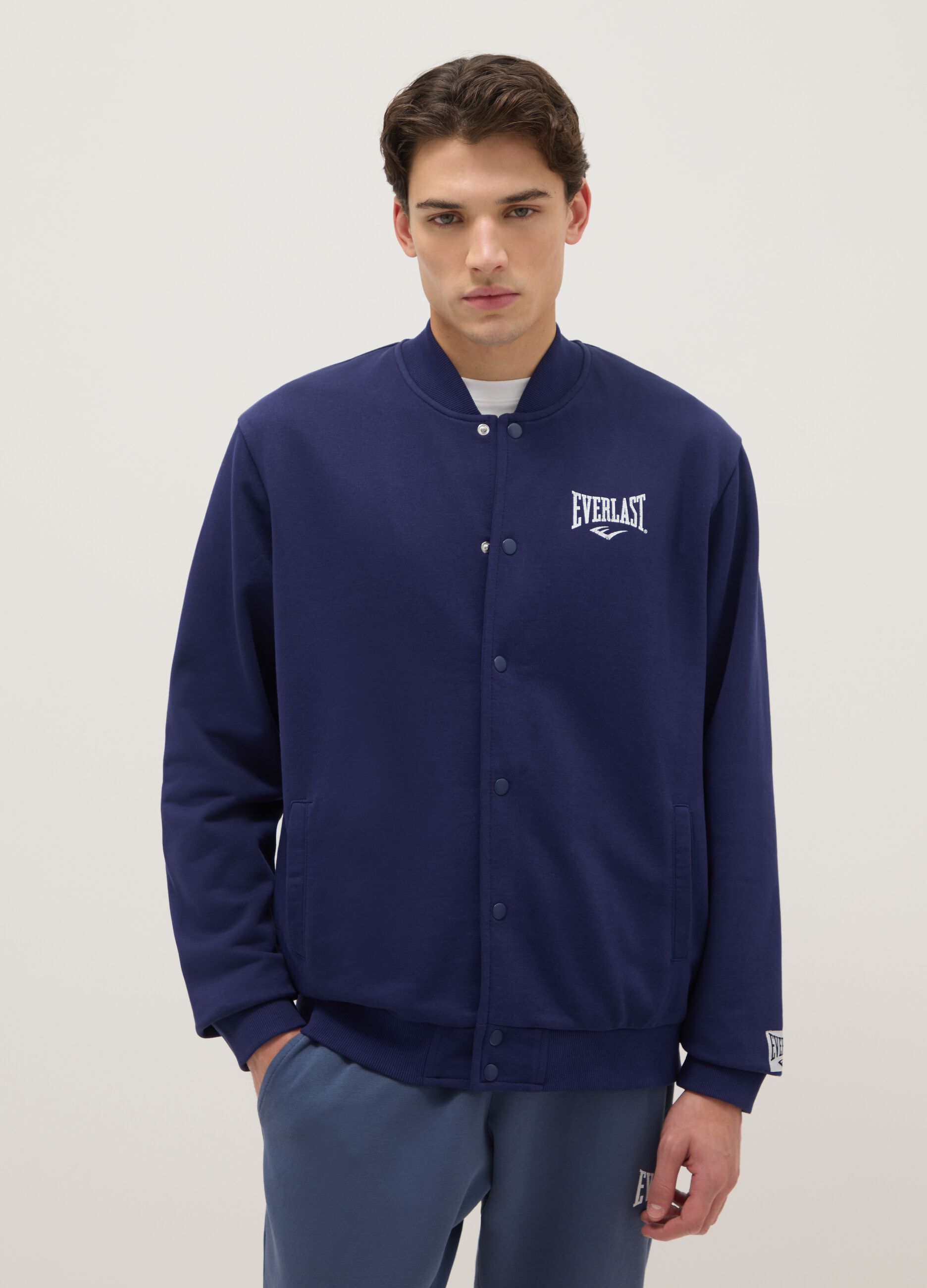 Blue cotton blend jacket regular fit with buttons and Everlast logo