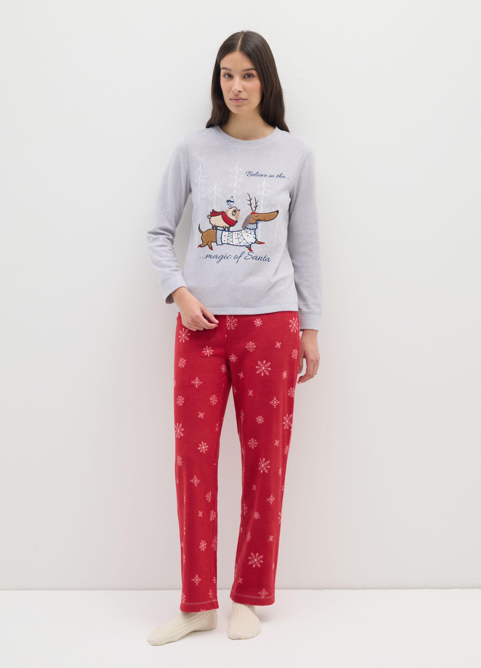 Grey and red Christmas fleece pyjamas regular fit with print