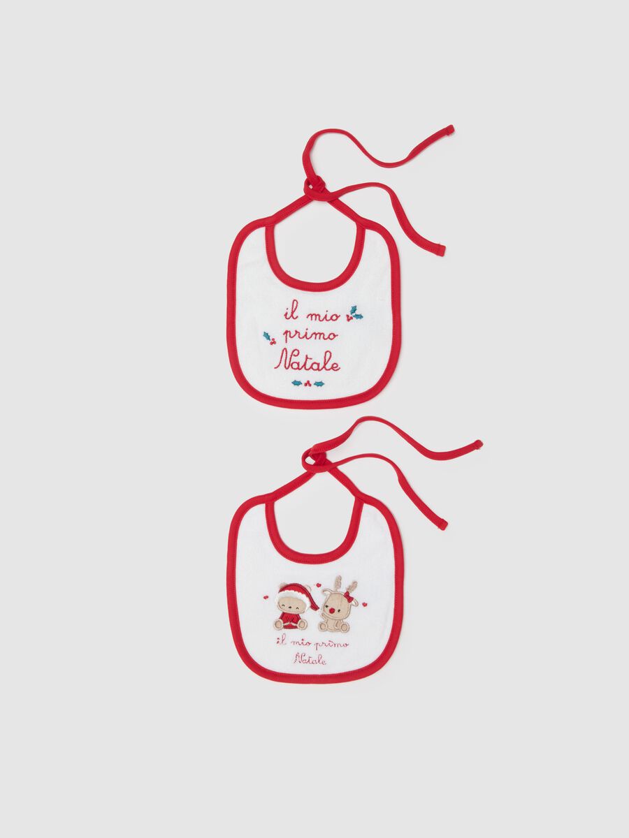 Two-pack of multicolour pure cotton Christmas bibs for newborn girl_0