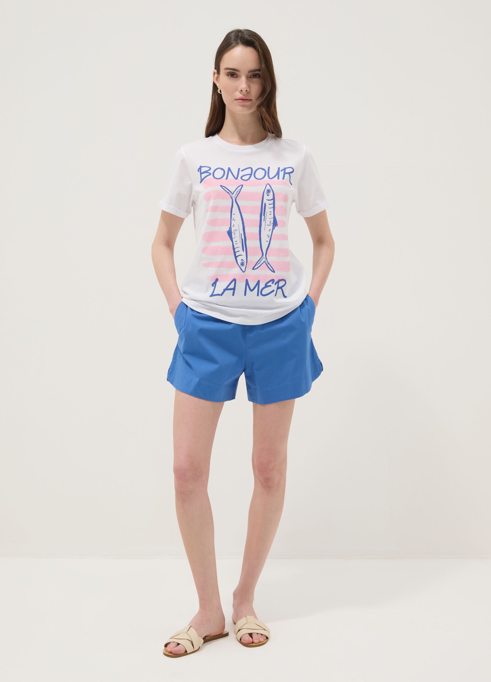 Wei&szlig;es T-Shirt aus reiner Baumwolle mit Frontprint, Regular Fit