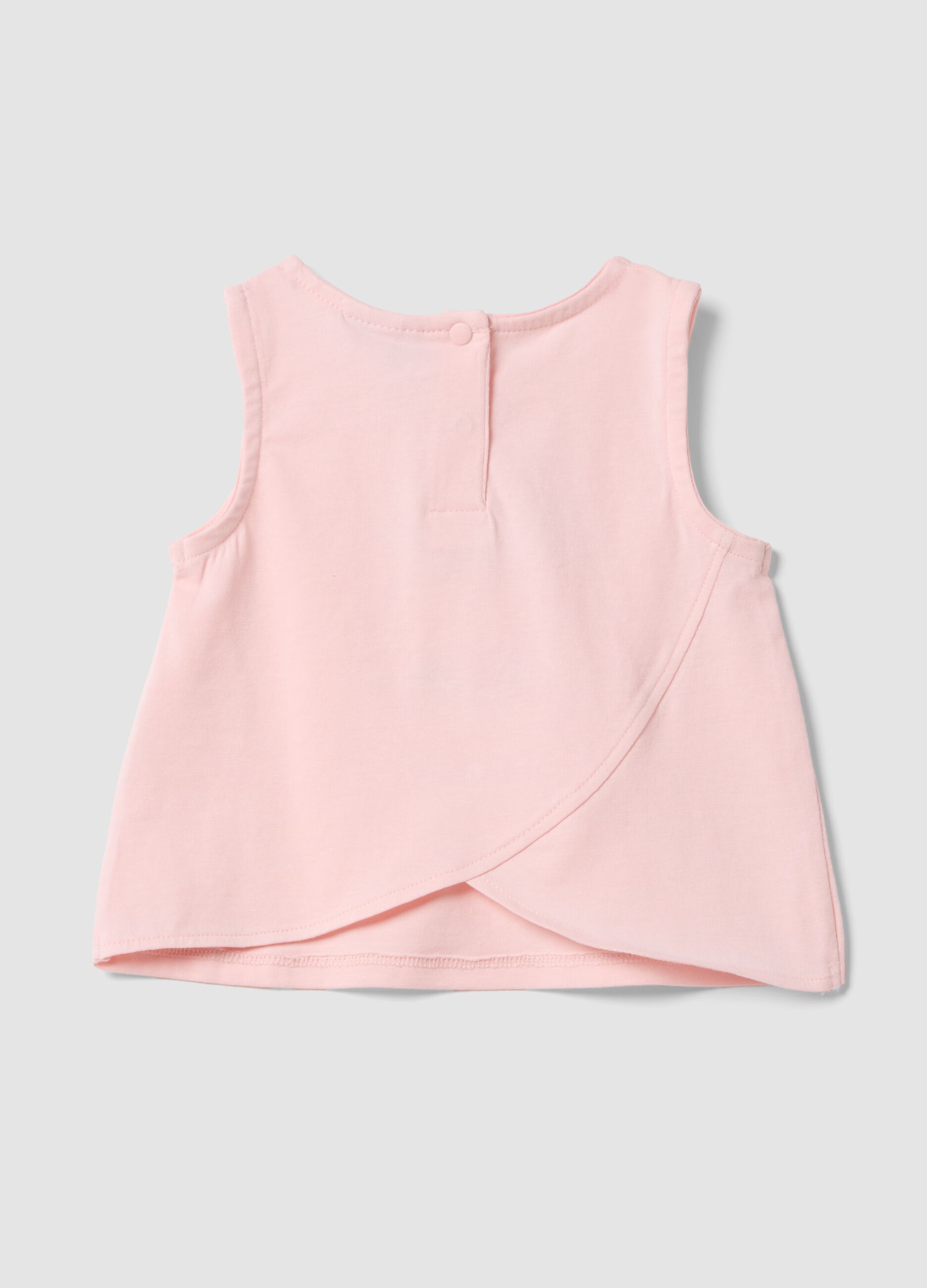 Top rosa justo em algod&atilde;o el&aacute;stico com estampado e aplica&ccedil;&atilde;o para beb&eacute; menina