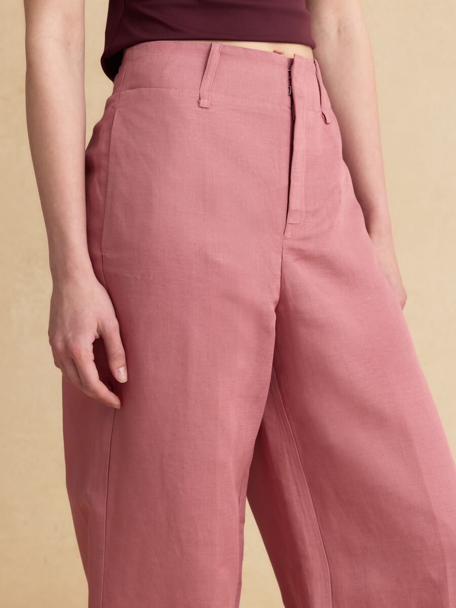 Pink linen-viscose blend wide-leg trousers with structured waistband_3