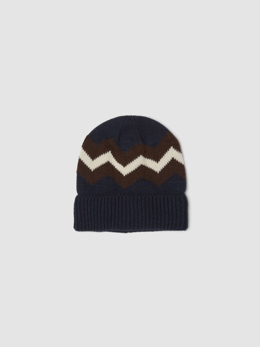 Blue and Brown Knitted Beanie with Pattern_0