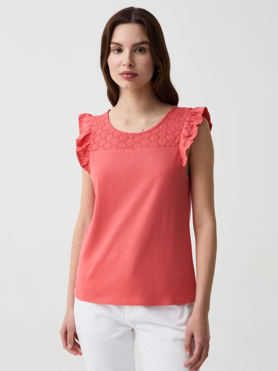 T-shirt with broderie anglaise insert and flounce_0