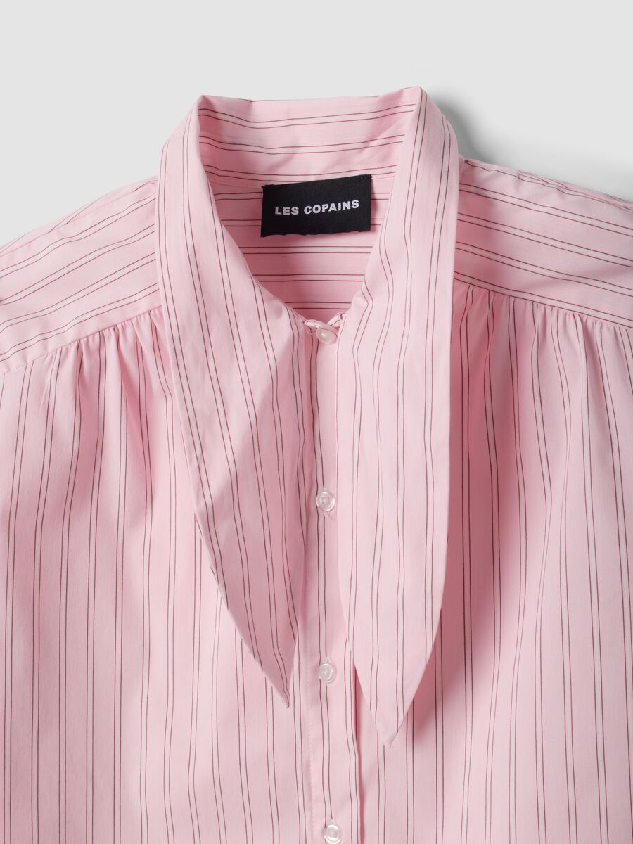 Camicia rosa in cotone elasticizzato a righe con fiocco over fit_5