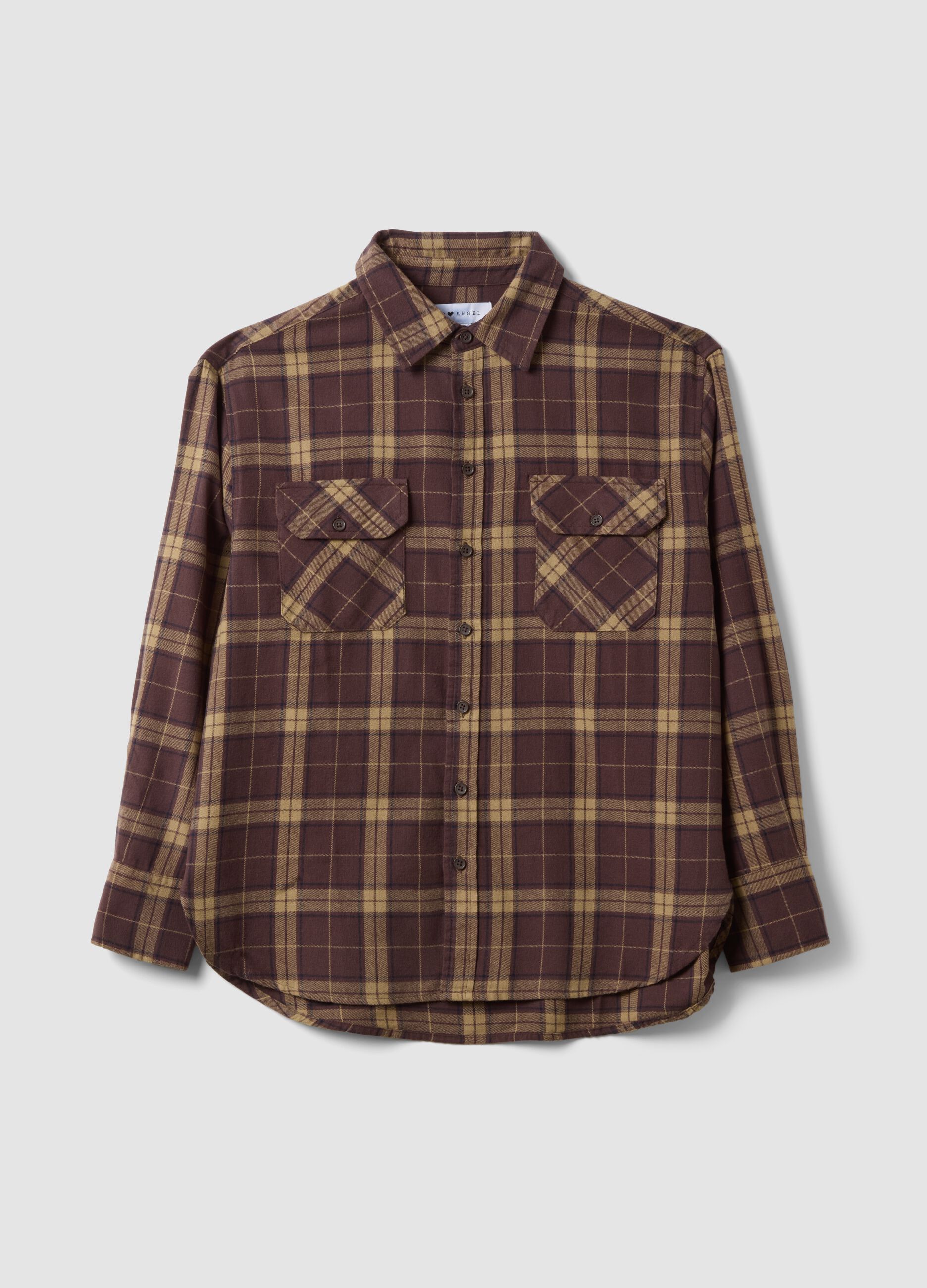 Camicia marrone a quadri in flanella di puro cotone regular fit