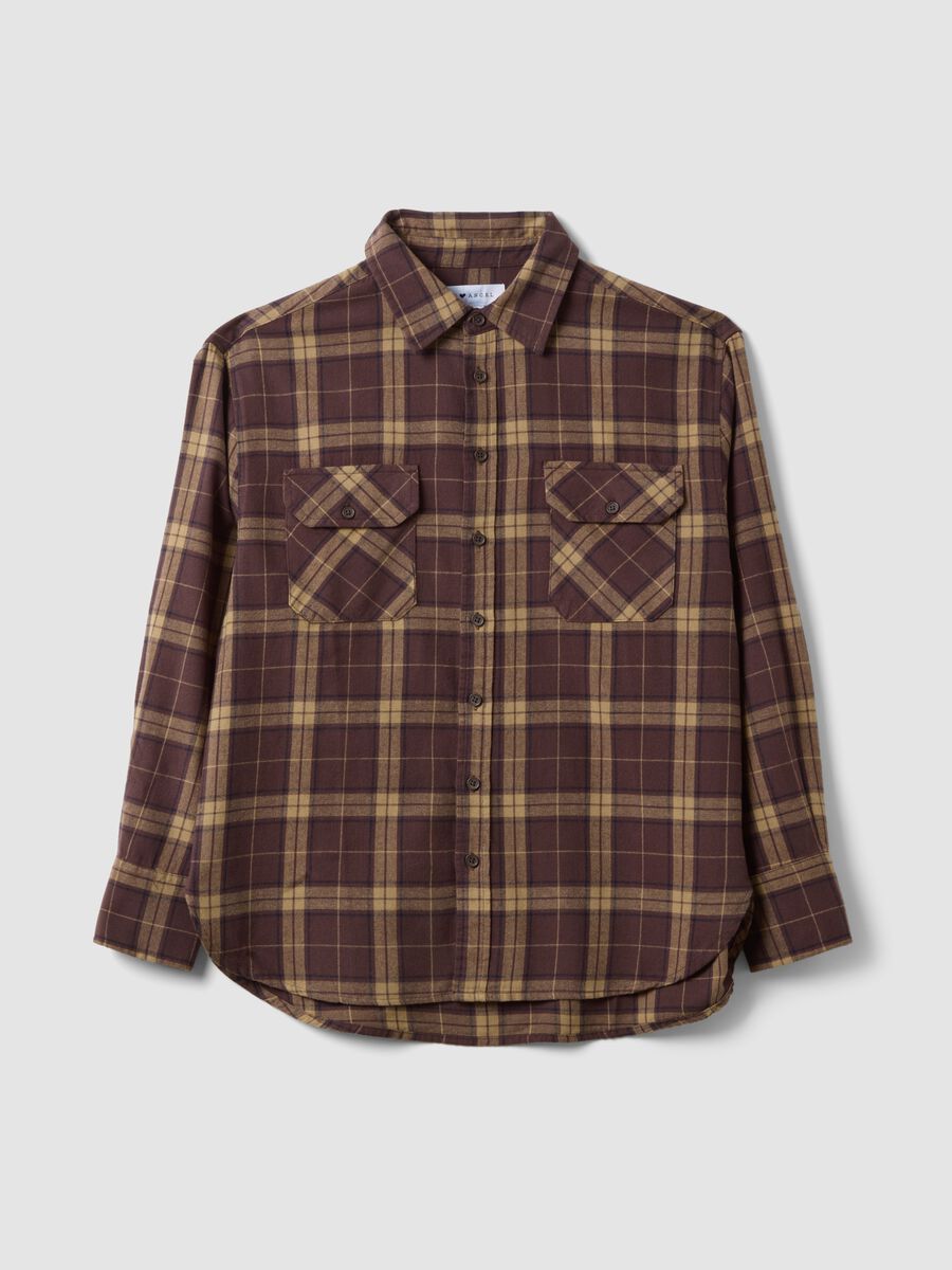 Camicia marrone a quadri in flanella di puro cotone regular fit_0