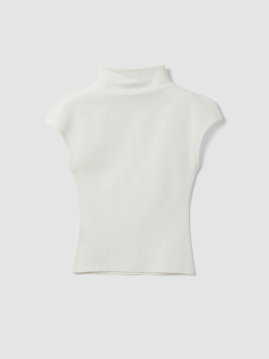 White fitted modal and stretch cotton T-shirt with high neck_2