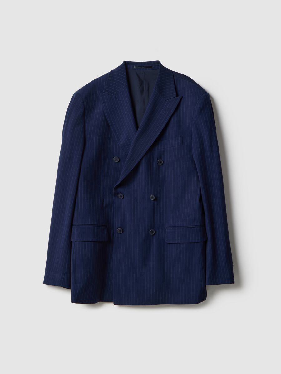 Navy double-breasted striped blazer with tailored fit_0