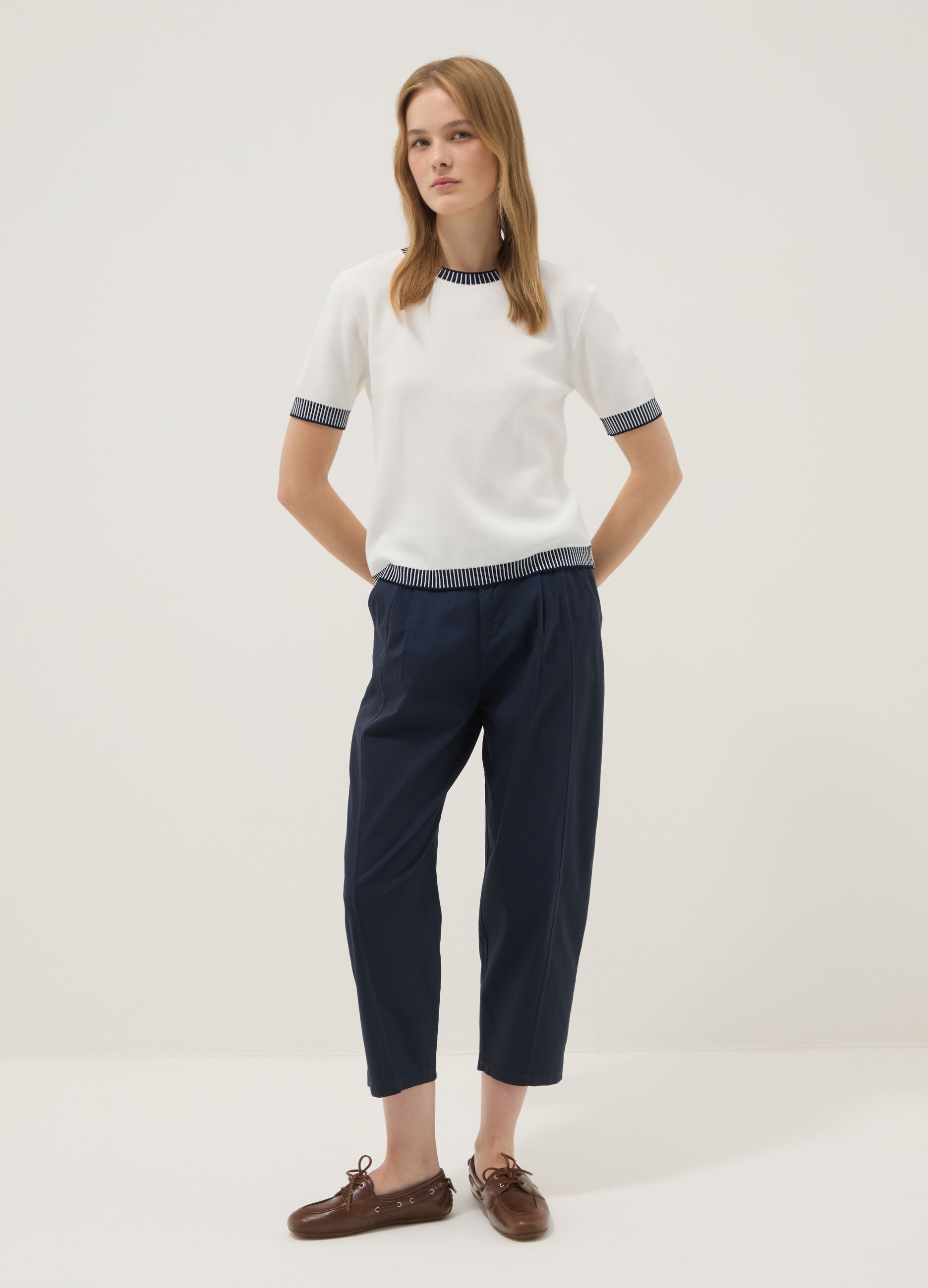 White viscose-blend T-shirt with contrast trims