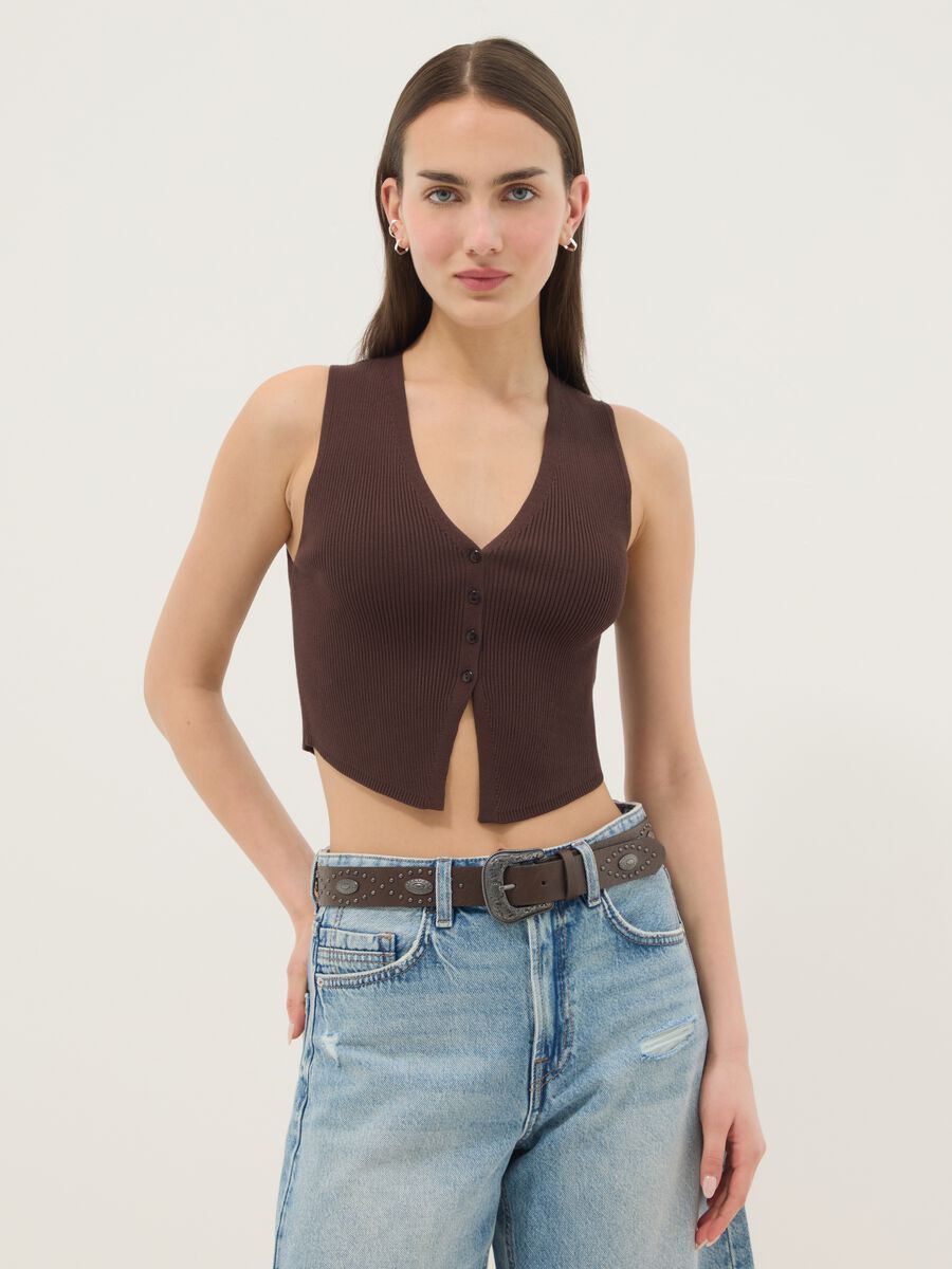 Braune Weste aus Viskose-Mischung mit regul&auml;rer Passform und tiefem V-Ausschnitt_1