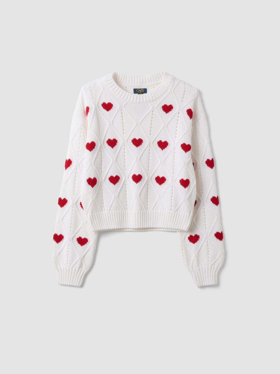 White cotton-blend jumper with openwork pattern and hearts for girls_0