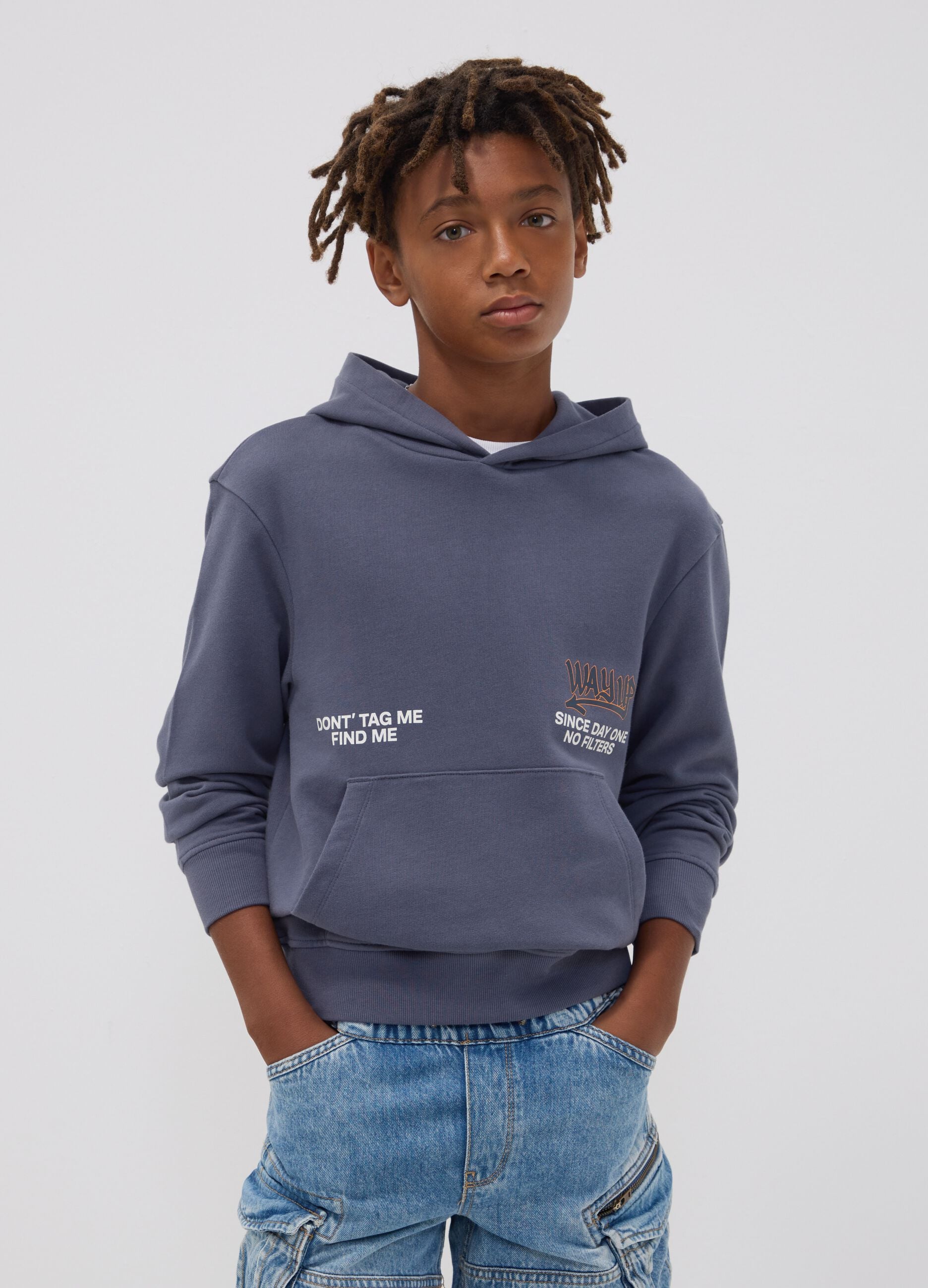 Grauer Oversize-Kapuzenpullover aus reiner Baumwolle f&uuml;r Jungen