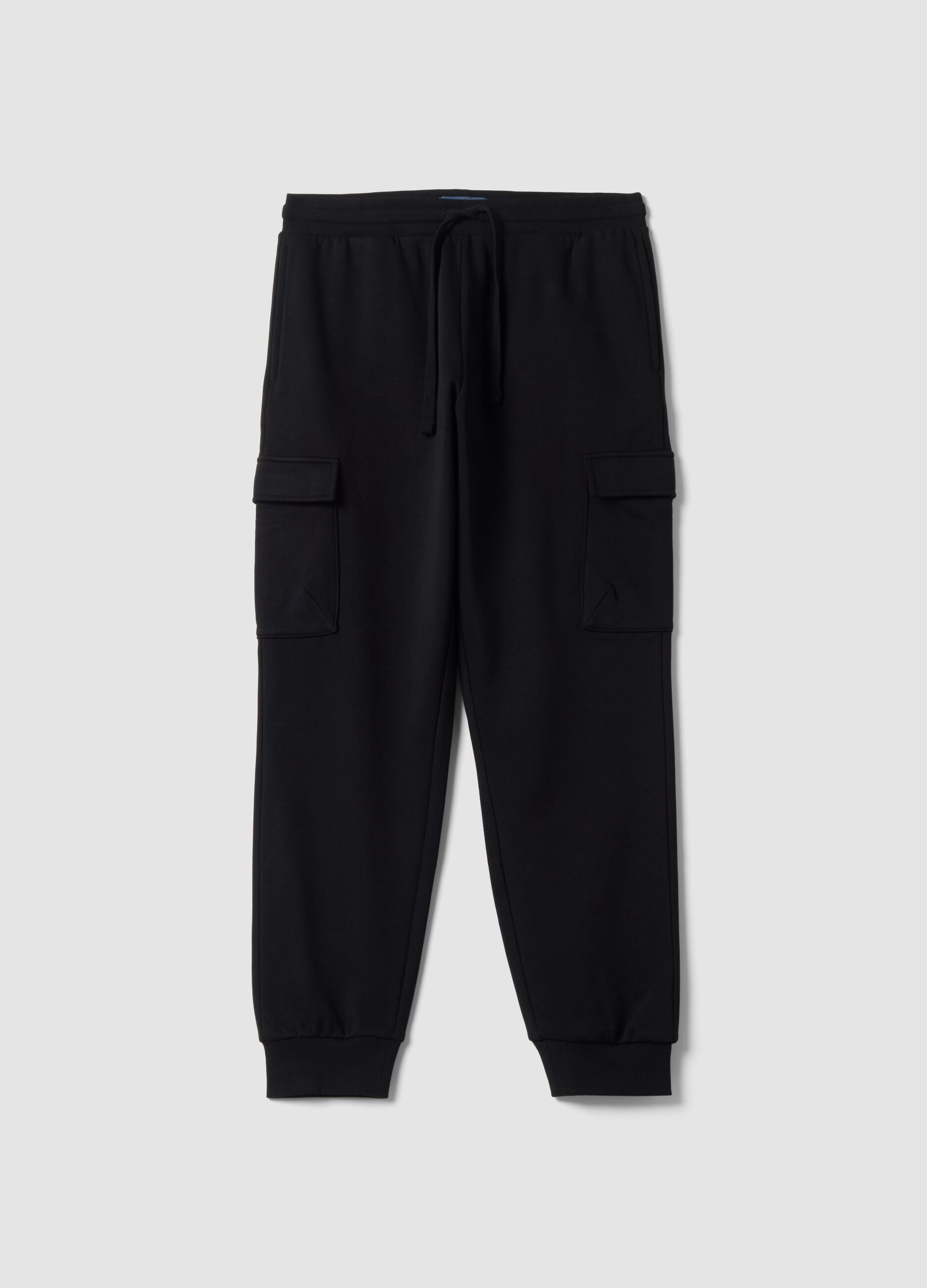 Black cotton-blend cargo joggers with drawstring, regular fit