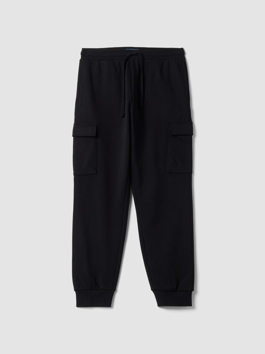 Black cotton-blend cargo joggers with drawstring, regular fit_0