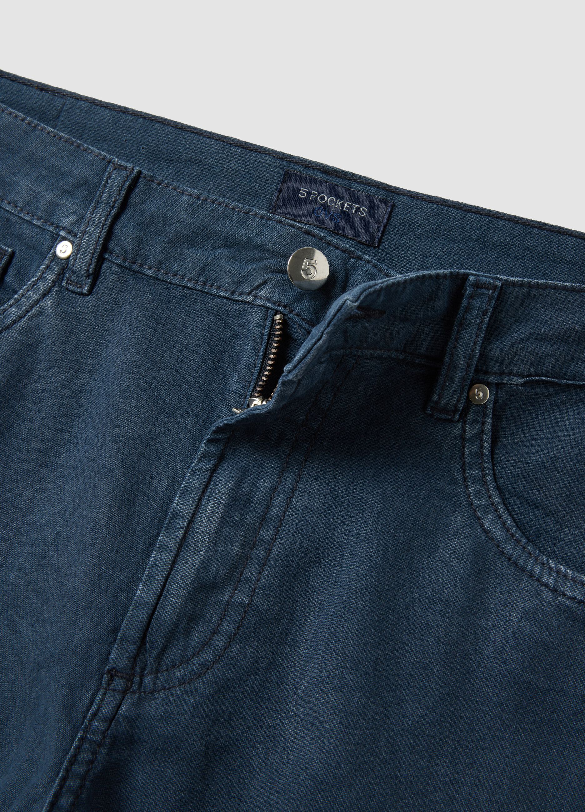 Blue linen-cotton blend five-pocket Bermuda shorts