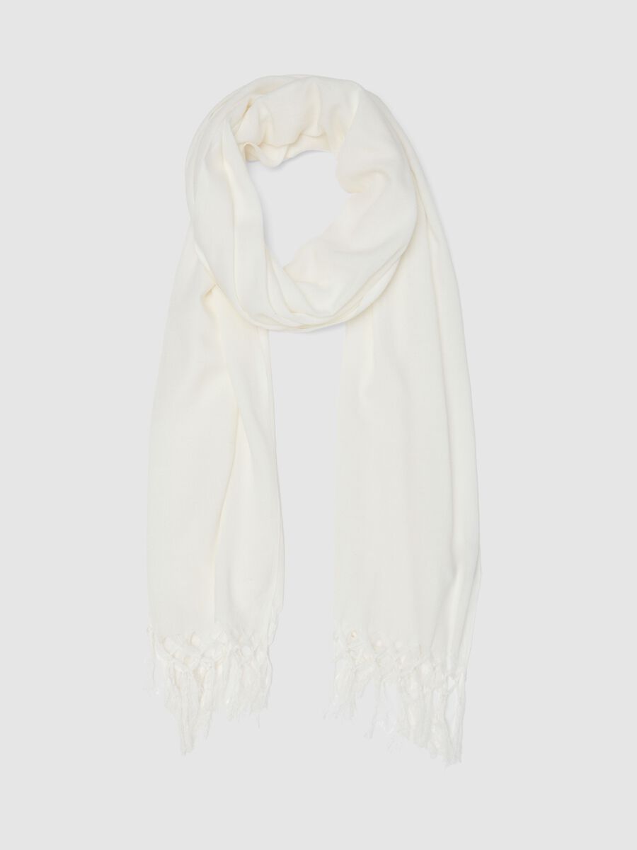 White viscose and linen blend scarf with fringes_0