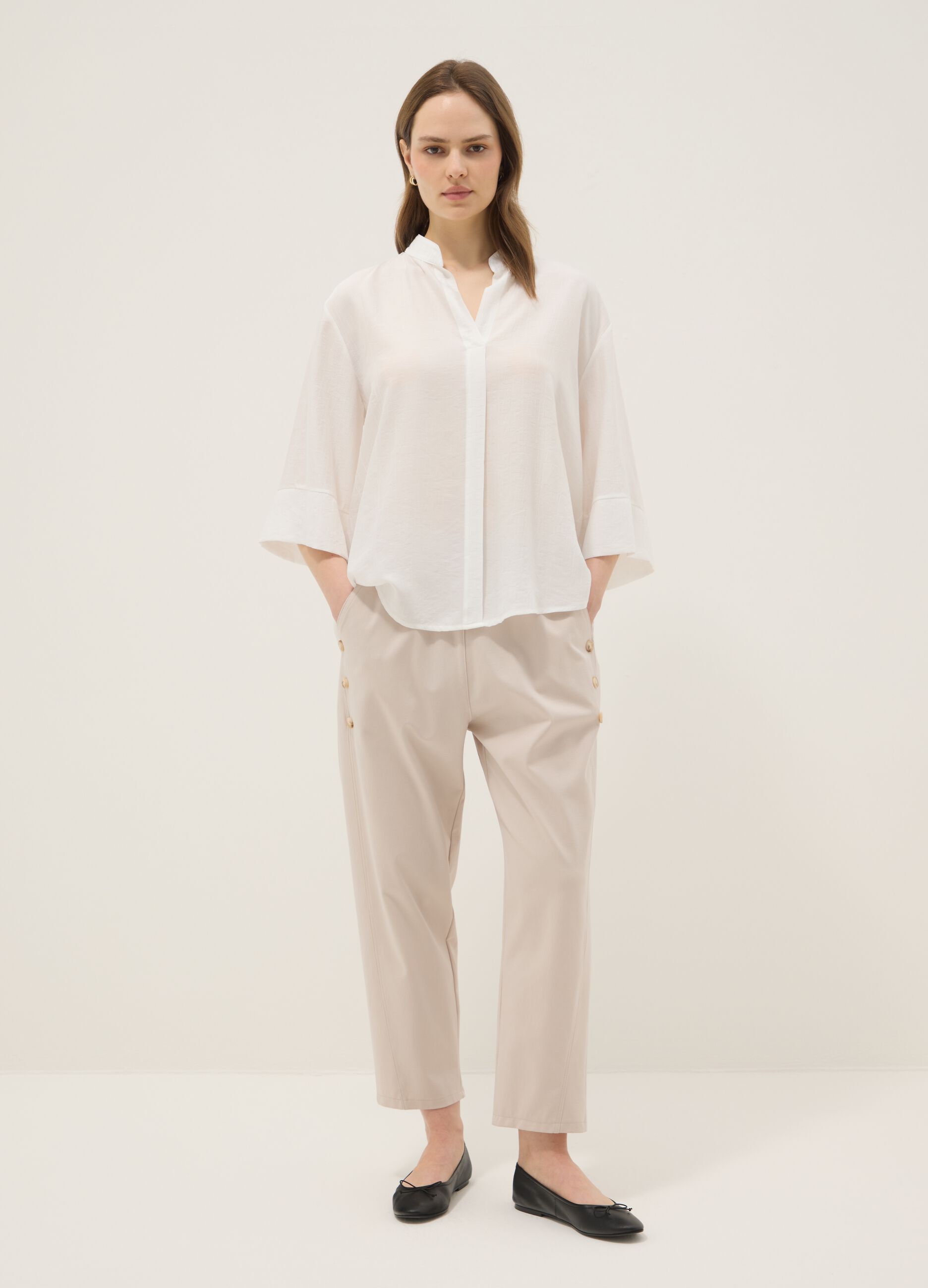 White viscose-blend blouse, regular fit, with Mandarin collar