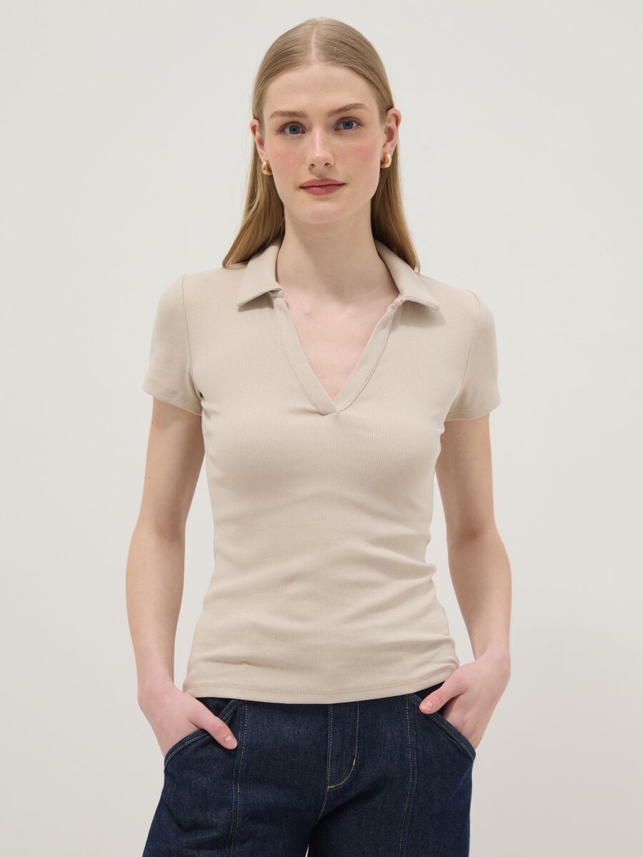 Beige Stretch Cotton Polo Regular Fit Deep V_1