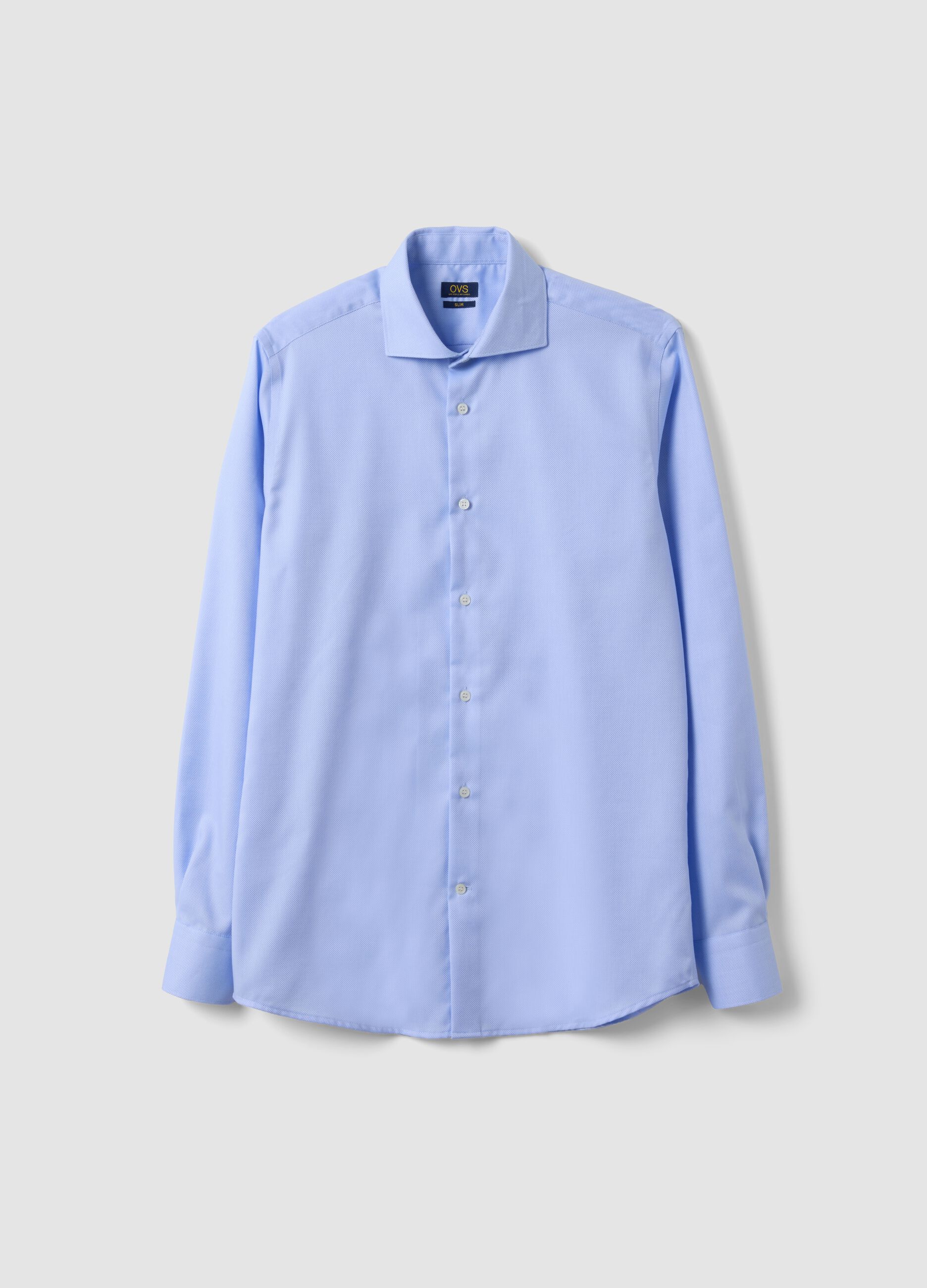 Light blue slim-fit pure cotton no-iron shirt with cutaway collar