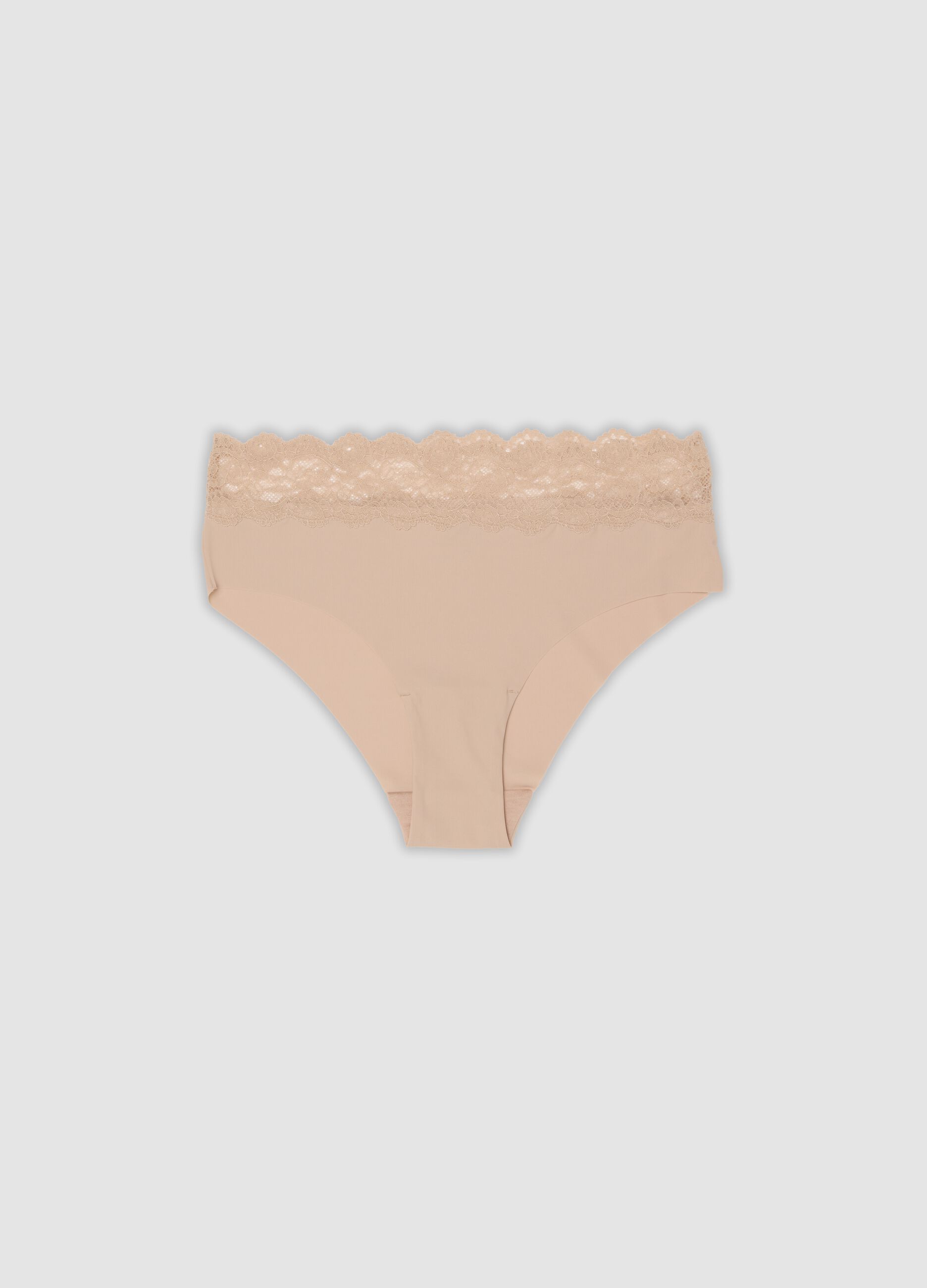 Beige stretch microfibre briefs with lace