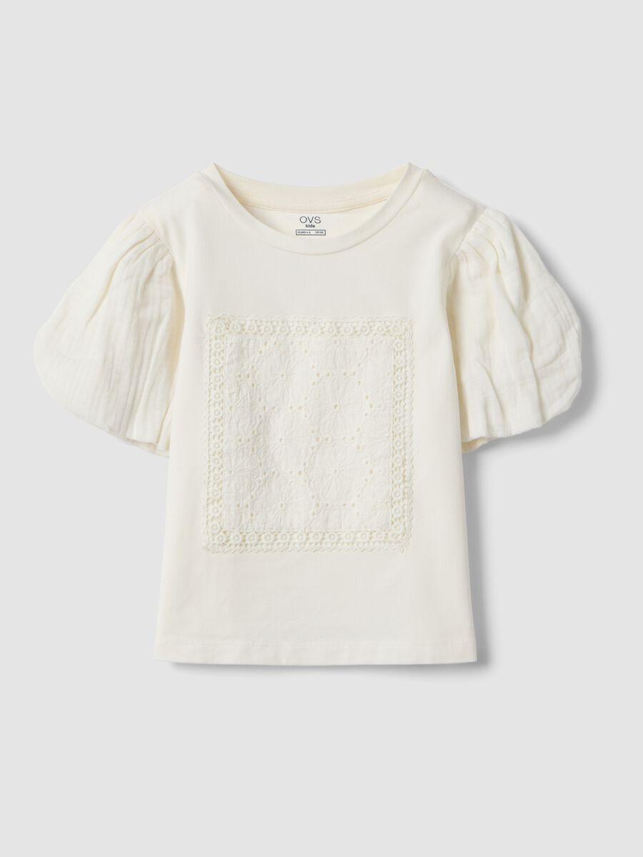 White stretch cotton girls' T-shirt with cut-out design_0