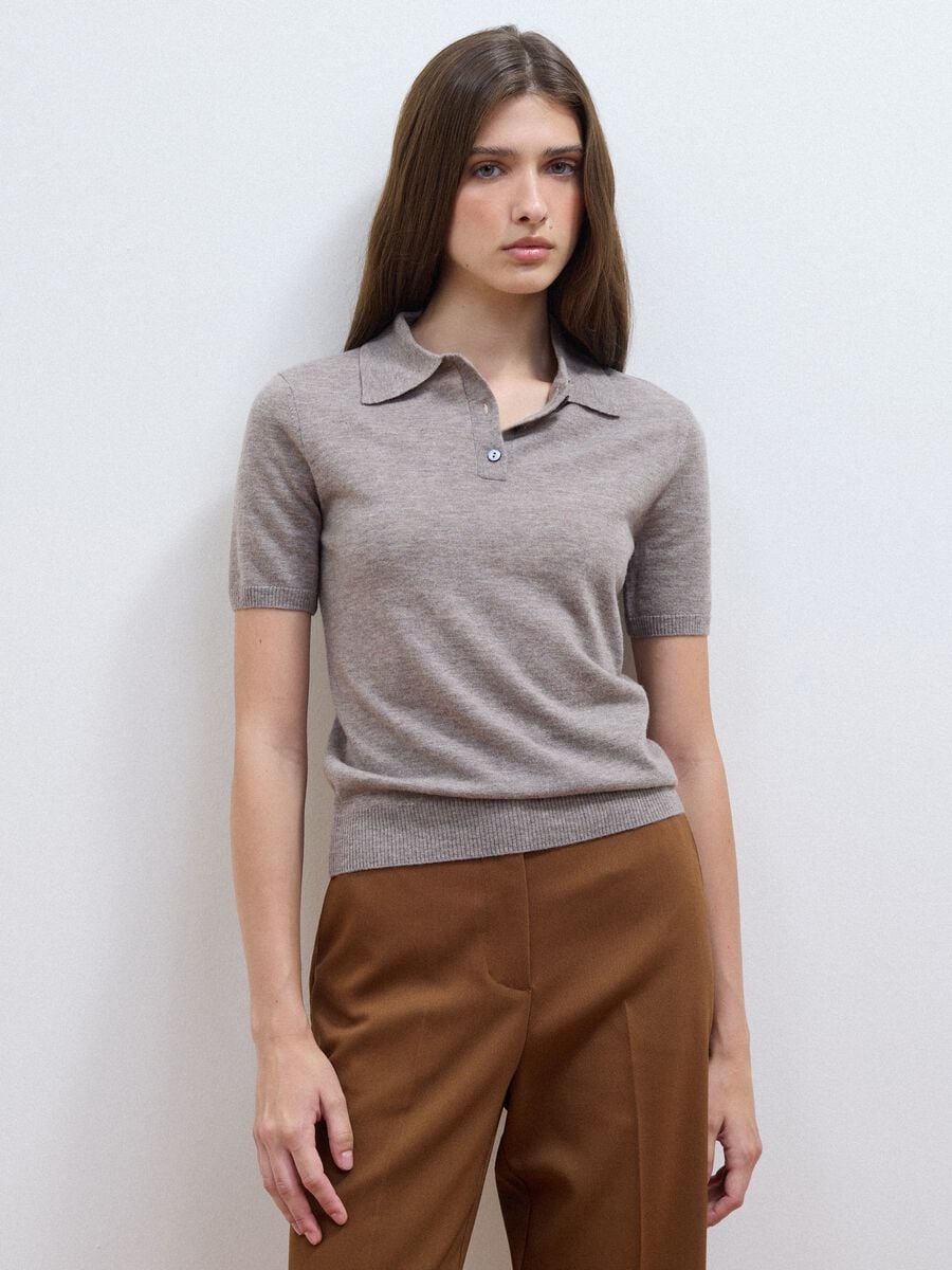 Taupe-grey pure wool polo-collar jumper, regular fit_1