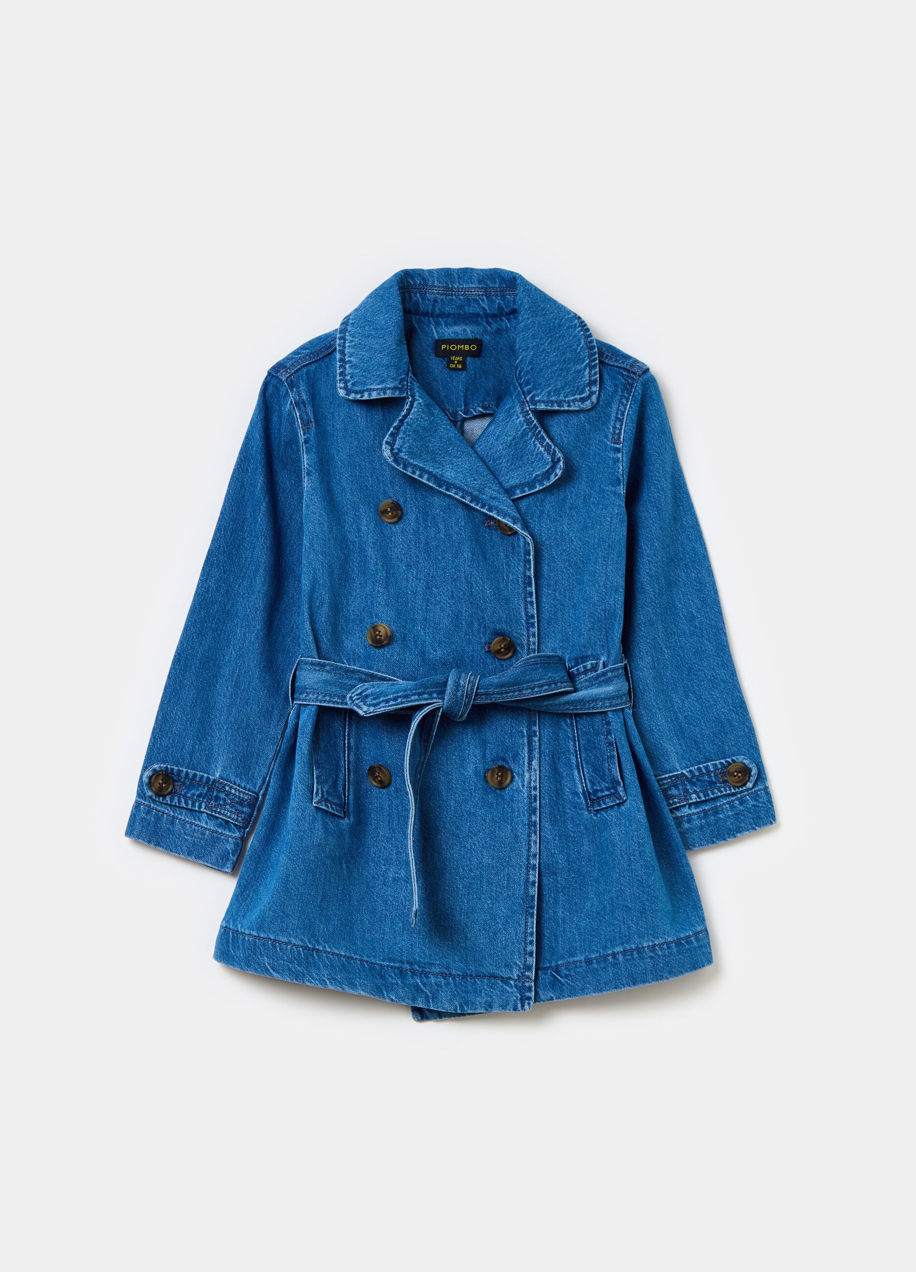 Denim trench coat with logo embroidery