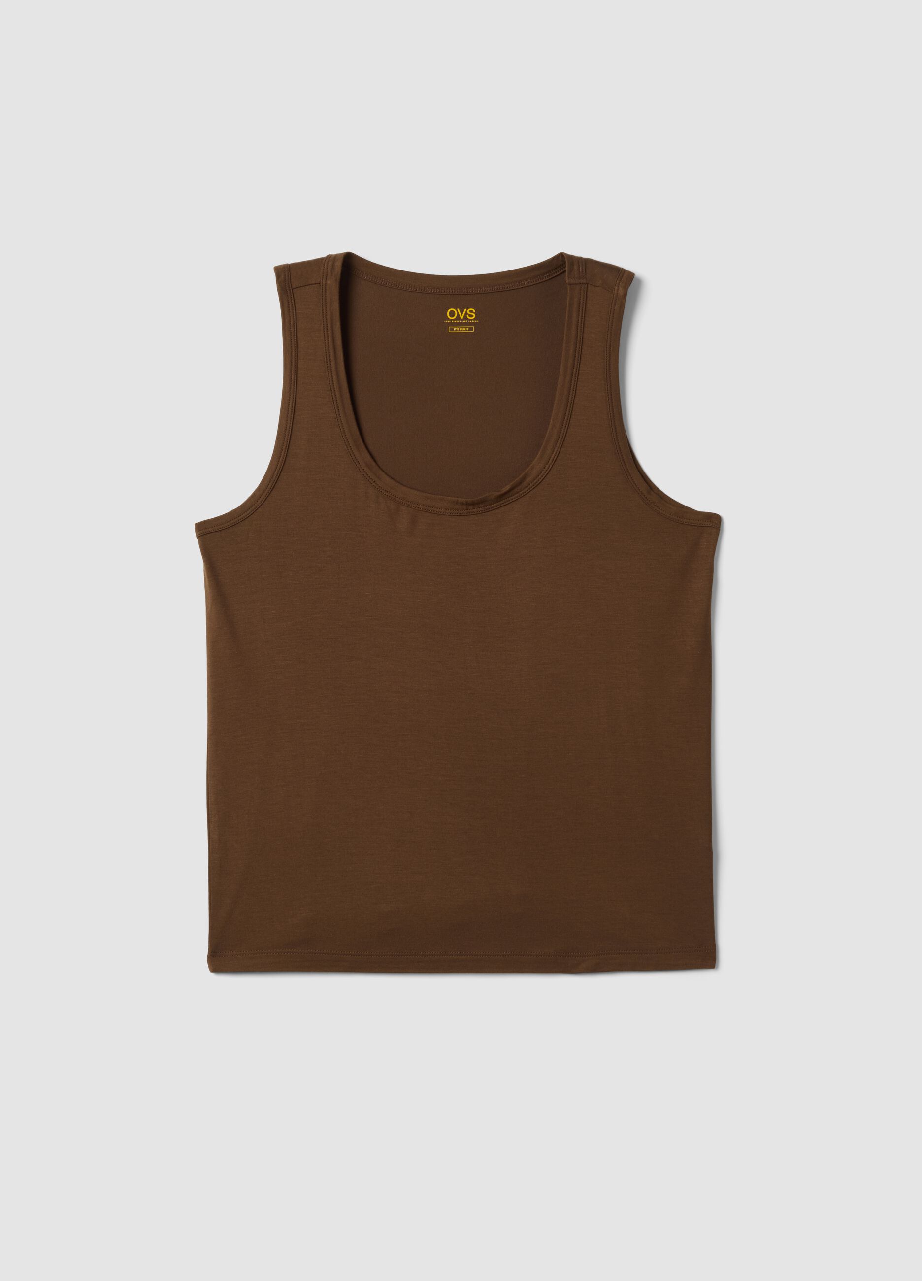 Brown stretch viscose tank top, regular fit