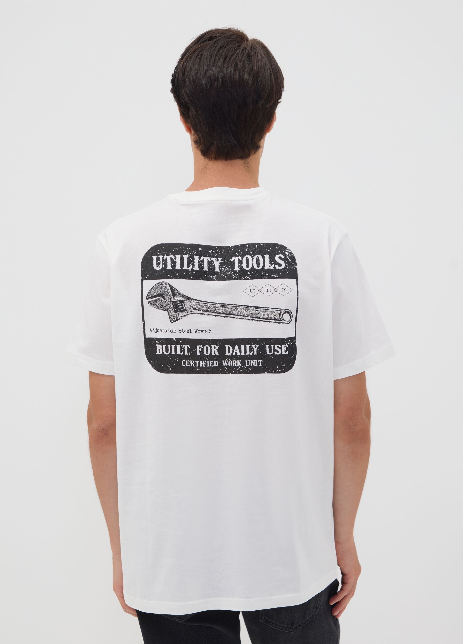 White pure cotton jersey T-shirt with graphic print, regular fit