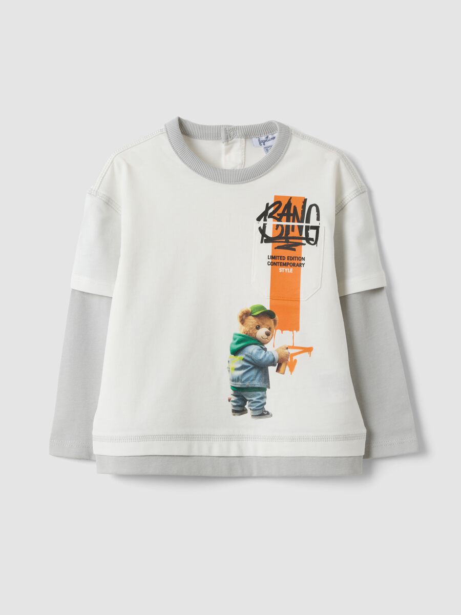 White oversized pure cotton T-shirt with print for baby boy_0