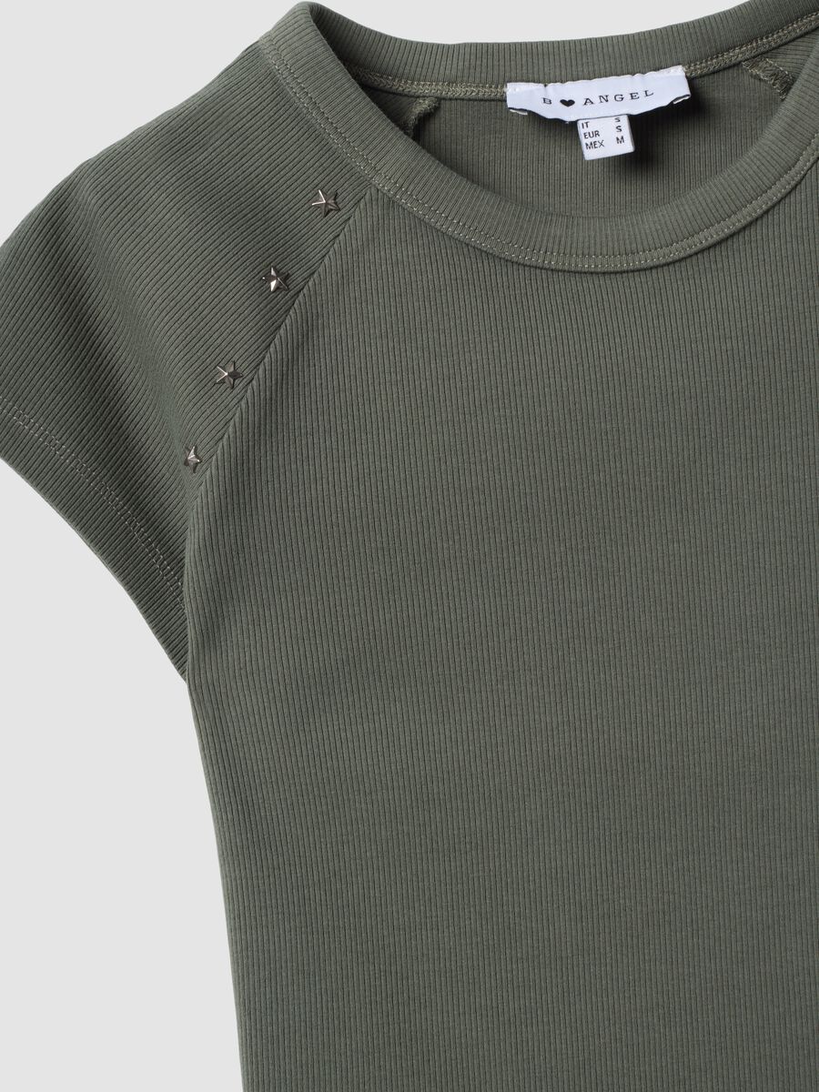 Green fitted ribbed stretch-cotton T-shirt with studs_5
