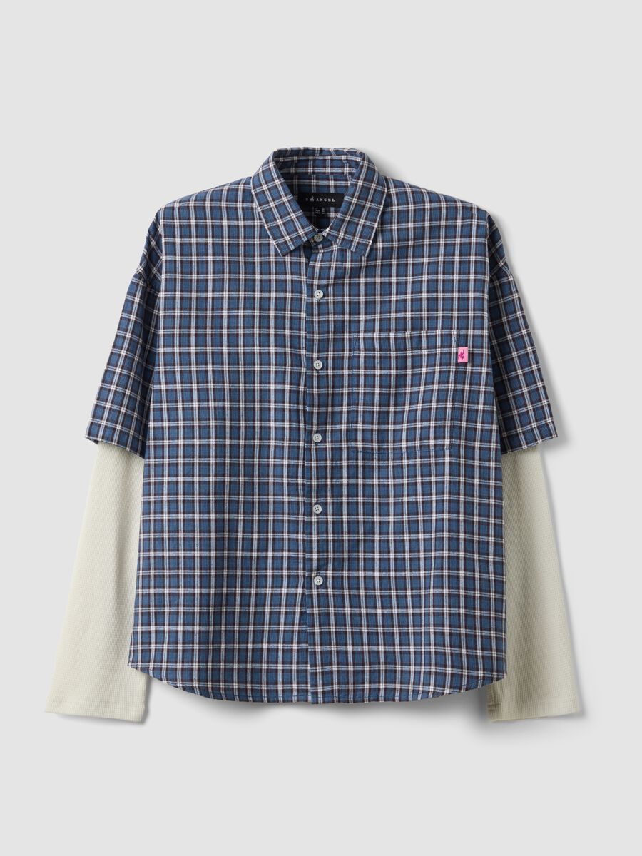 Blue cropped pure cotton checked shirt with layered double sleeves, oversized fit_4