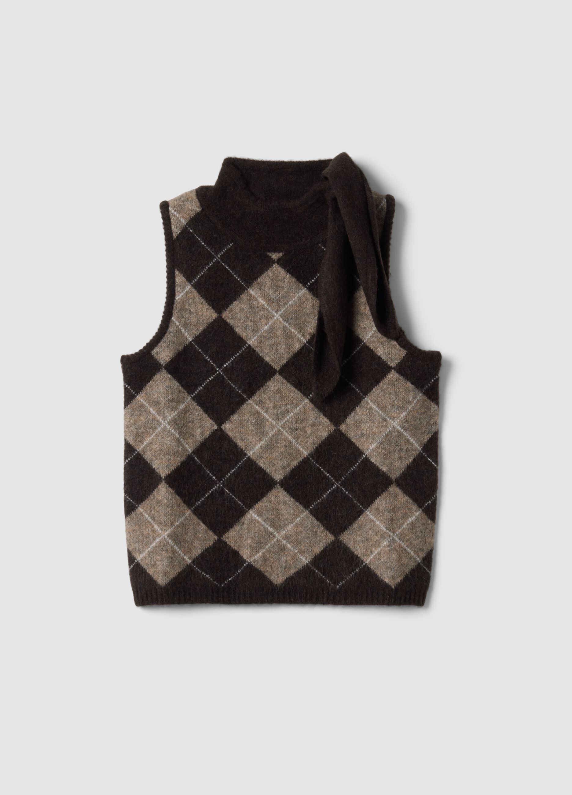 Gilet marrone in lana elasticizzata con colletto rialzato