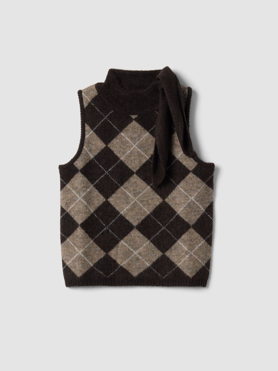 Gilet marrone in lana elasticizzata con colletto rialzato_0