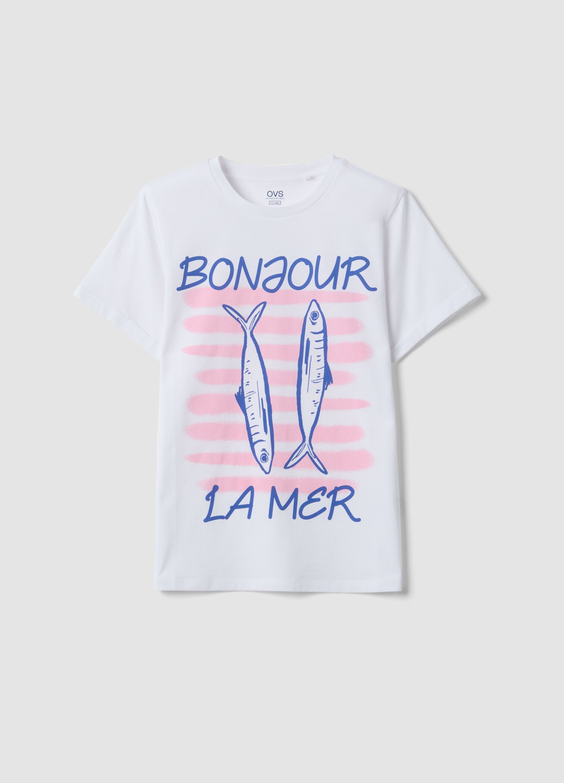 White pure cotton T-shirt with front print, regular fit