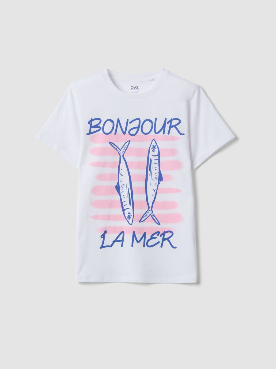 Wei&szlig;es T-Shirt aus reiner Baumwolle mit Frontprint, Regular Fit_0