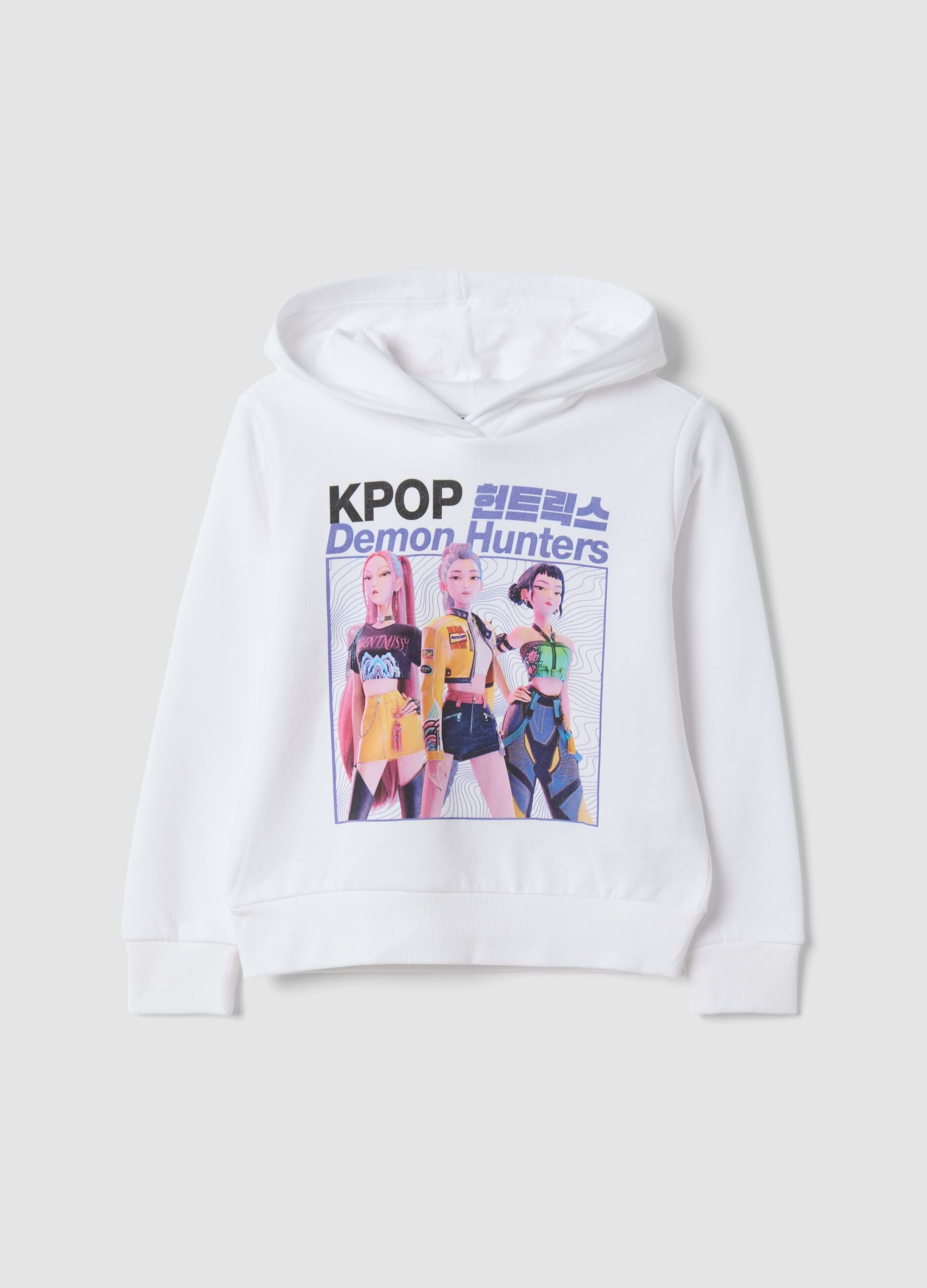 Sweatshirt branca com capuz em 100% algod&atilde;o com estampado K-Pop Demon Hunters