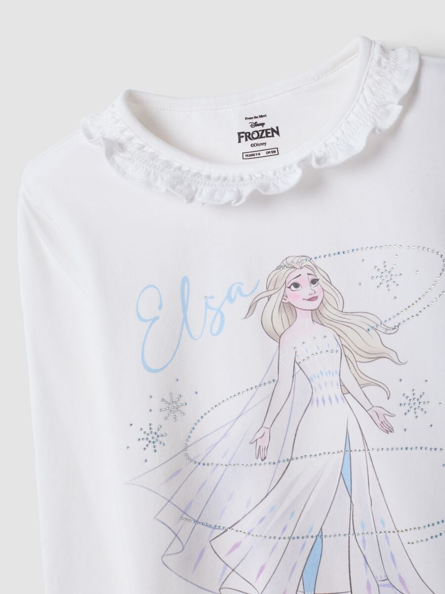 White stretch cotton T-shirt with ruffle neck and Frozen print for girls_2