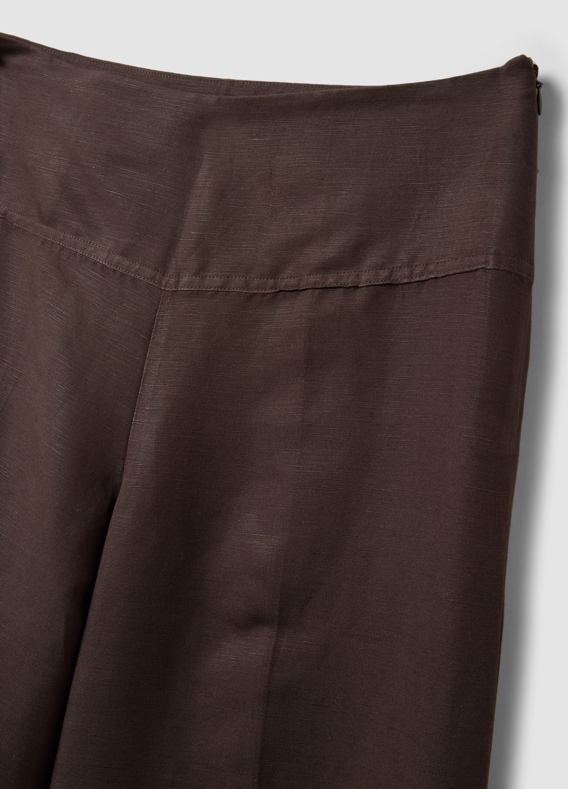 Brown linen-viscose blend wide-leg trousers with side zip fastening