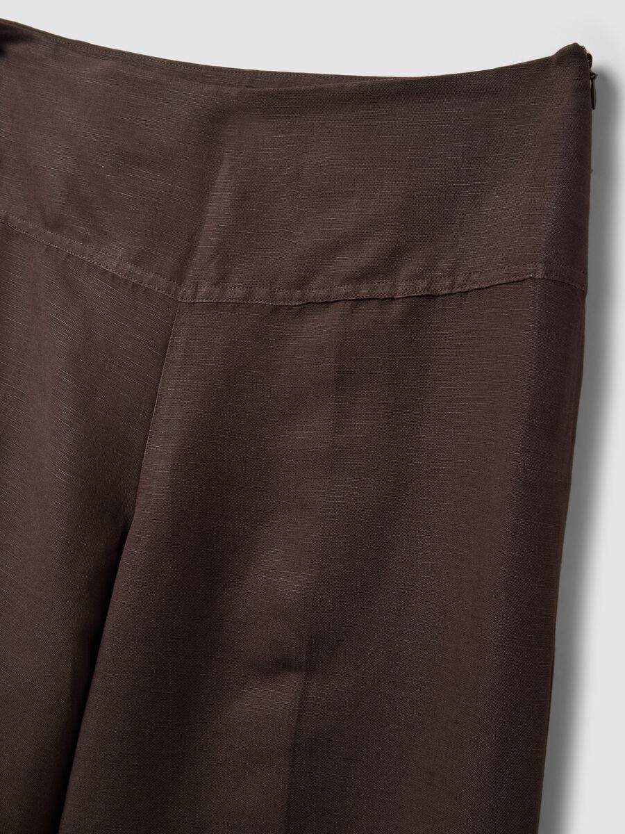 Brown linen-viscose blend wide-leg trousers with side zip fastening_1