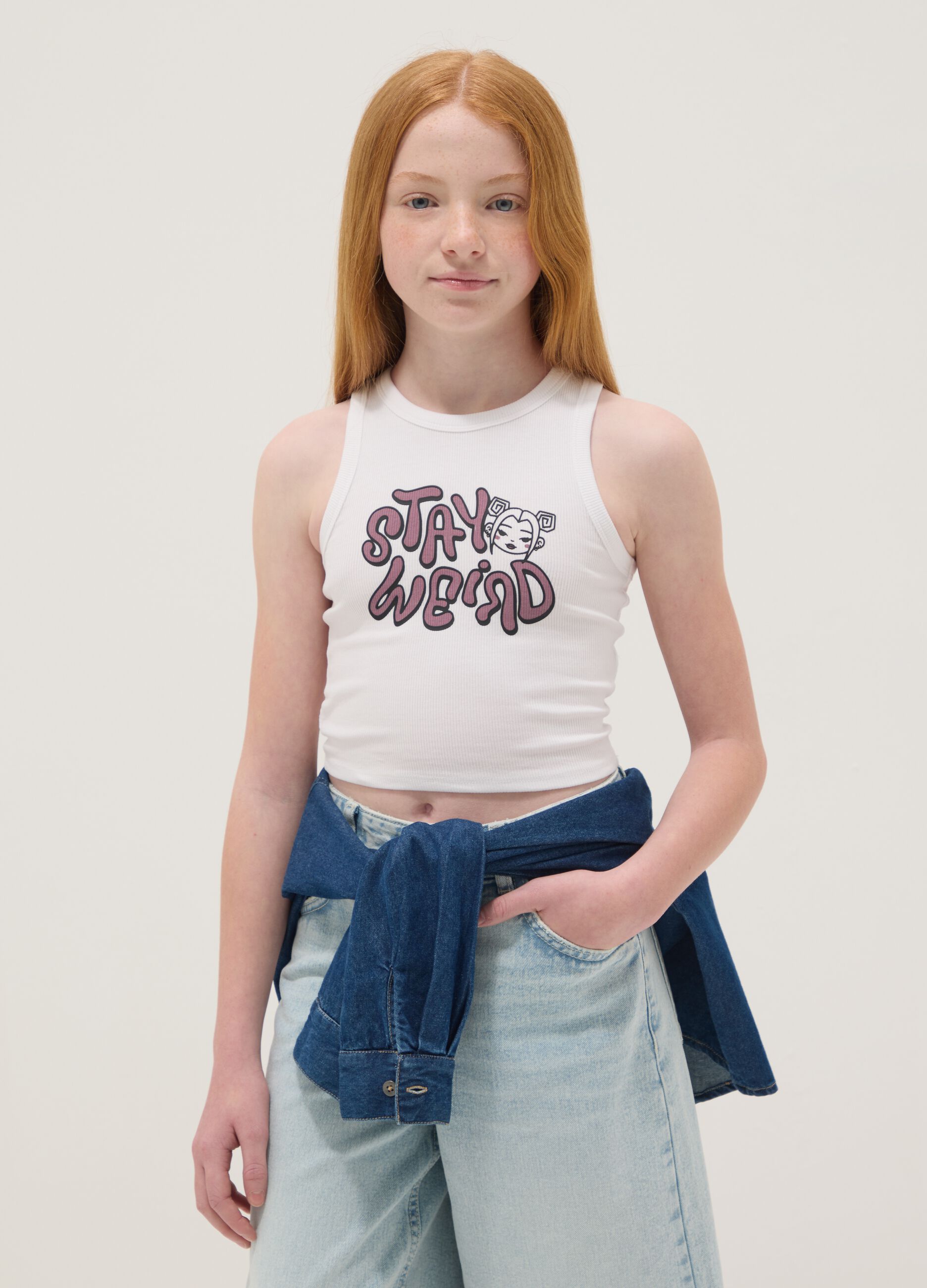 White stretch cotton fitted printed tank top for girls