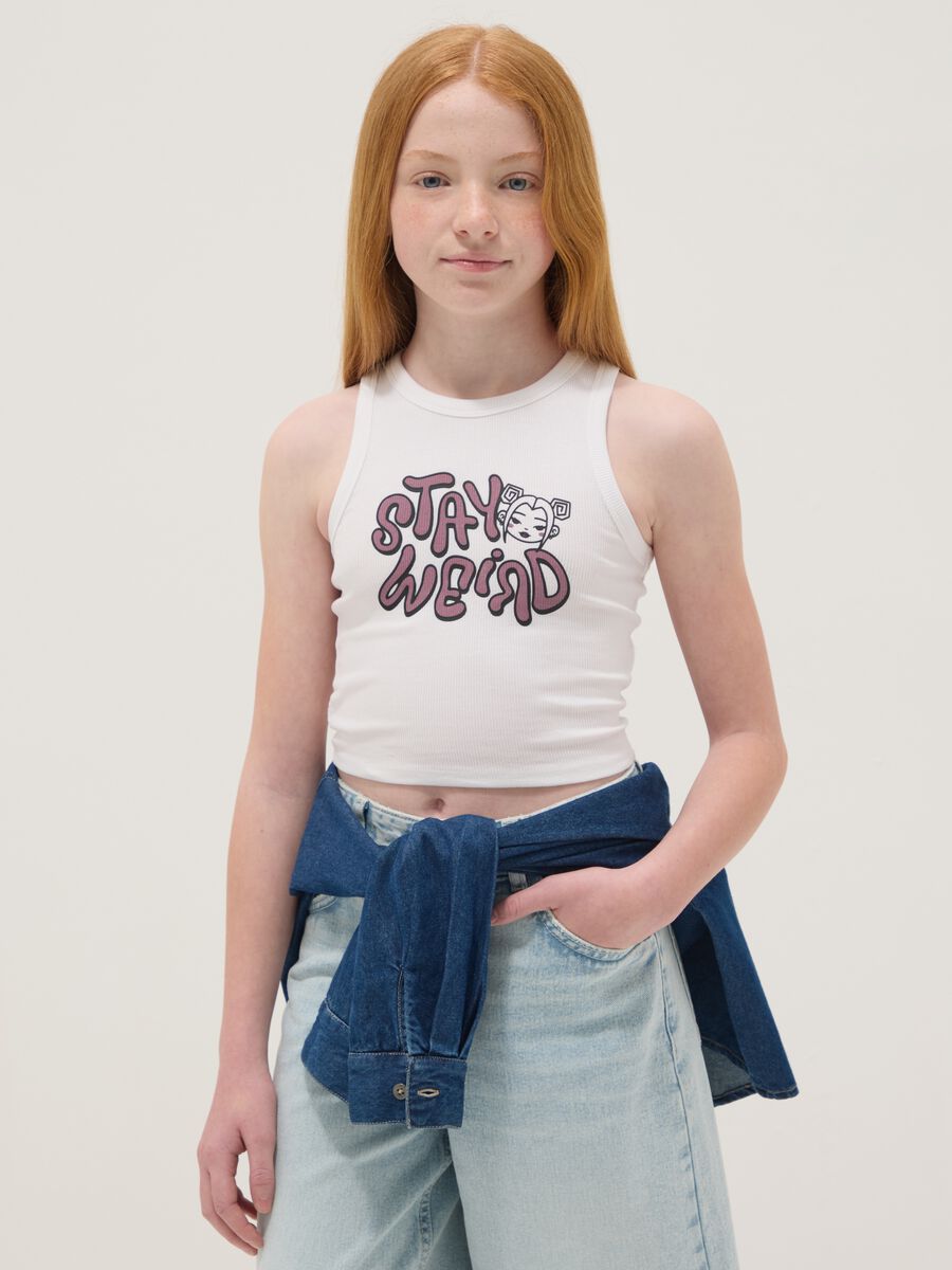 White stretch cotton fitted printed tank top for girls_0