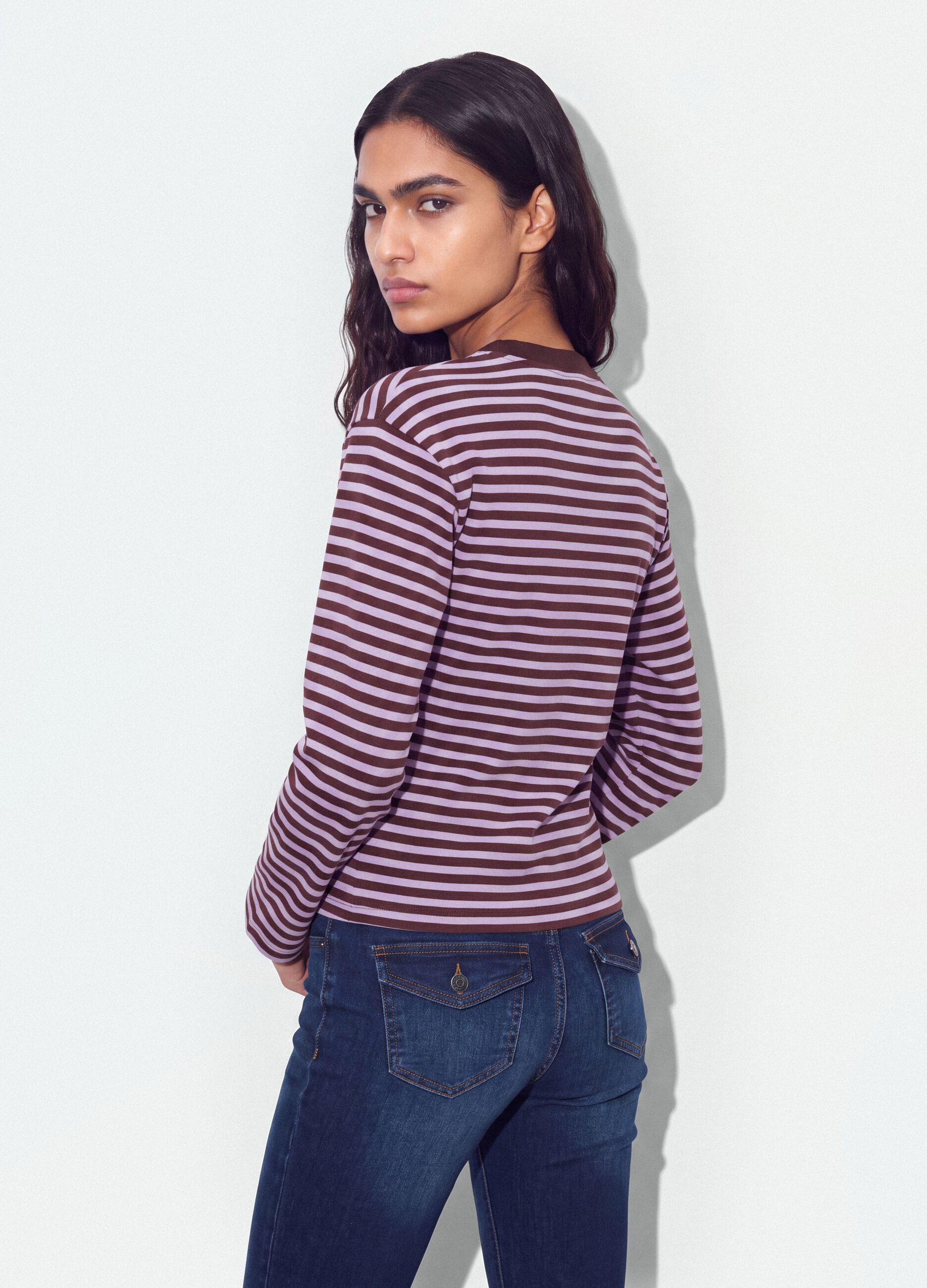 Purple striped pure cotton relaxed-fit crew-neck T-shirt