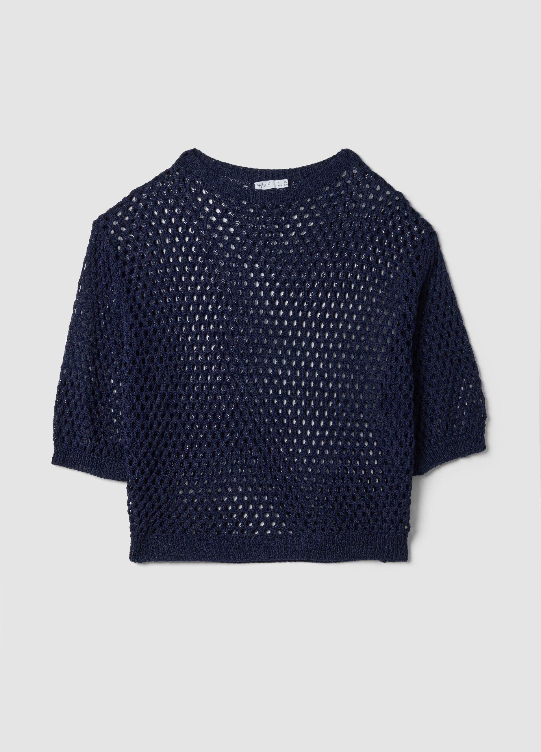 Pull bleu ajour&eacute; &agrave; manches trois-quarts