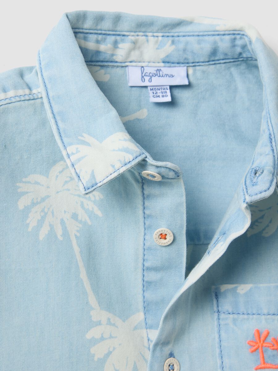 Light Blue Pure Cotton Denim Child's Shirt Regular Fit with Palm Trees_3