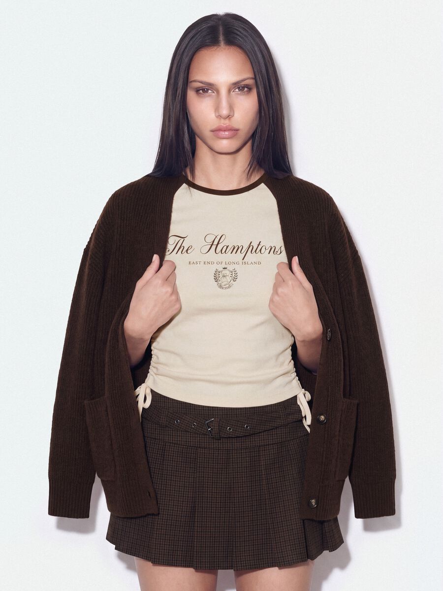 Brown stretch-fabric cardigan with deep V-neckline_0