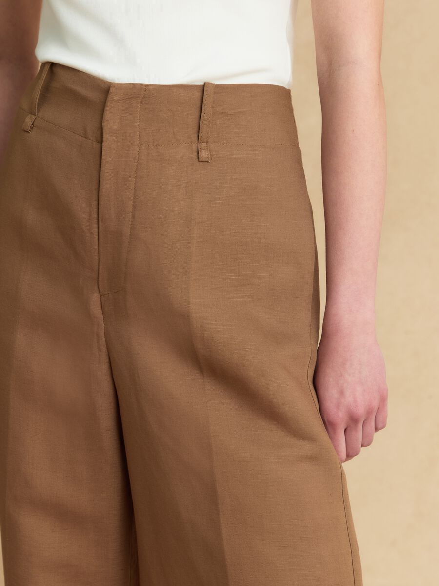 Brown linen-viscose blend wide-leg trousers with structured waistband_3